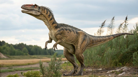 Dinosaur Spinosaurus walking in the field, close-up