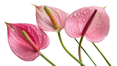 Beautiful pink anthurium flowers with water drops isolated on white backgroundの写真素材