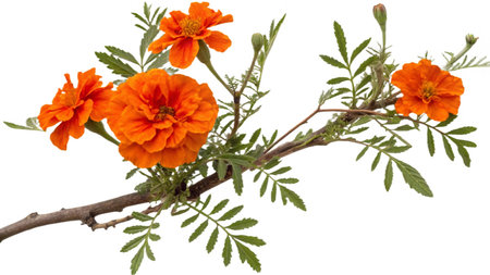 Marigold flowers with leaves isolated on white background. Marigold (Tagetes erecta).の写真素材