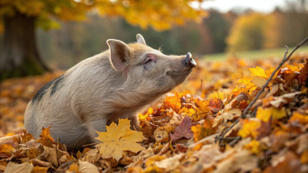 Cute little pig in the autumn forest with yellow leaves on the groundの写真素材
