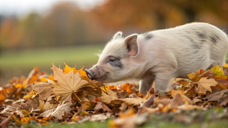 Little piglet playing with autumn leaves in the meadow on a sunny dayの写真素材