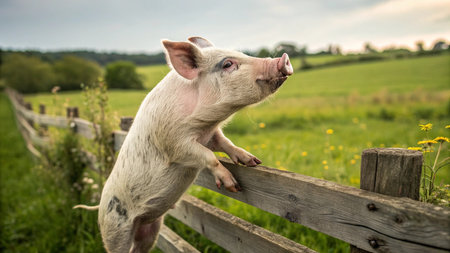 Cute little pig standing on a wooden fence in a meadow