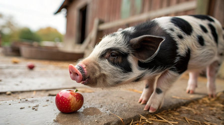 Cute little piglet with red apple on the farm. Selective focus.の写真素材