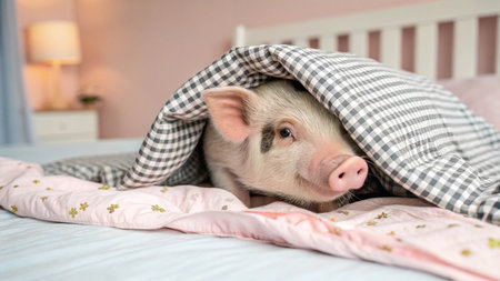 Cute little pig under blanket on bed at home, closeupの写真素材