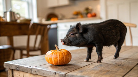 Cute little black piglet with pumpkin on the kitchen table.の写真素材