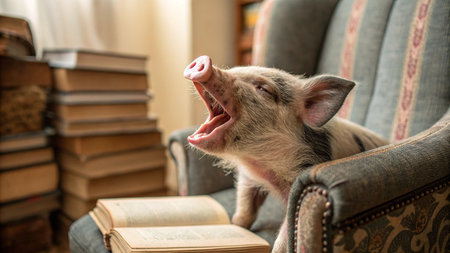 Piglet sitting on a chair with a book and yawning
