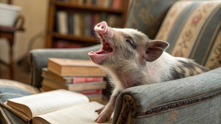 Cute little piglet is sitting on an armchair and yawningの写真素材