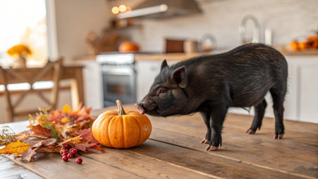 Cute little black pig with pumpkin and autumn leaves in the kitchenの写真素材