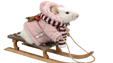 White rat in winter clothes sits on a wooden sled on a white backgroundの写真素材