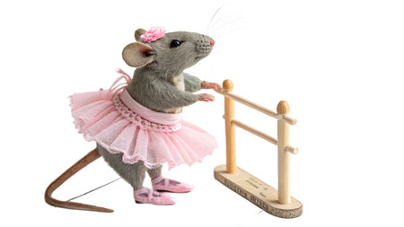 rat in pink tutu and wooden swing isolated on a white backgroundの写真素材
