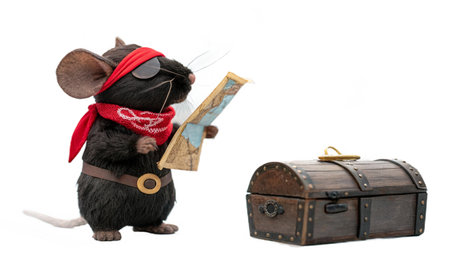 Black rat with a map and a chest on a white background.の写真素材