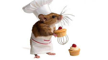 Hamster chef with cupcake and whisk isolated on white background.の写真素材