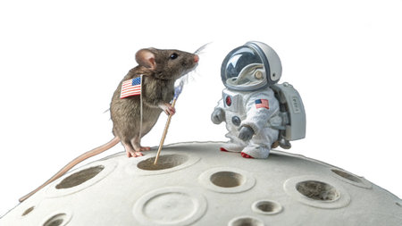 rat and astronaut on the moon isolated on white background. 3d illustrationの写真素材