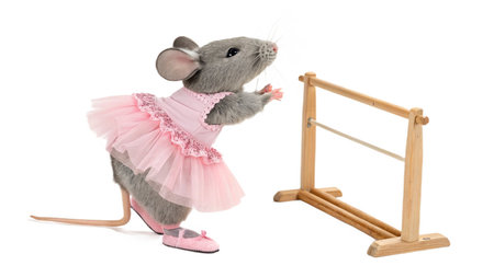 cute little gray mouse in pink tutu and wooden swing isolated on white backgroundの写真素材