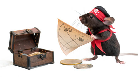 rat in a hat with a map and coins on a white backgroundの写真素材
