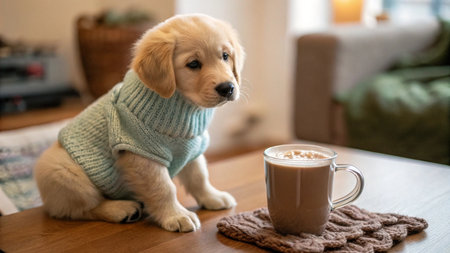 Golden Retriever Puppy in Knitted Sweater with Cup of Hot Chocolateの写真素材