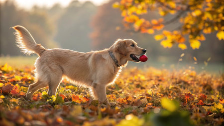 Golden Retriever dog playing with ball in autumn park, shallow depth of field