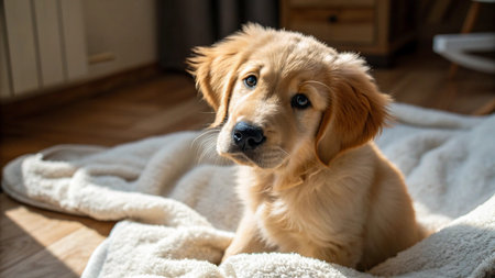 Cute Golden Retriever Puppy on the Bed at Homeの写真素材