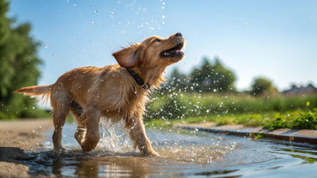 cute golden retriever running in the water on a hot summer dayの写真素材