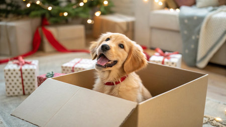Cute Golden Retriever puppy in box with christmas giftsの写真素材