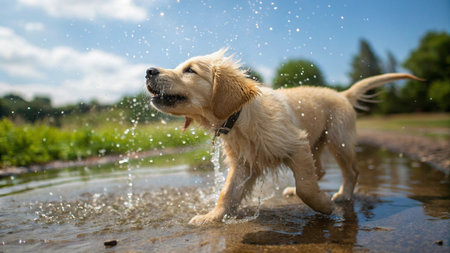 Cute Golden Retriever playing in a puddle in summerの写真素材
