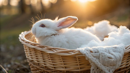 Cute white rabbit in a basket on a sunny spring day.