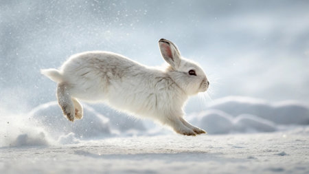 White hare running on snow in winter. Animal in nature.の写真素材