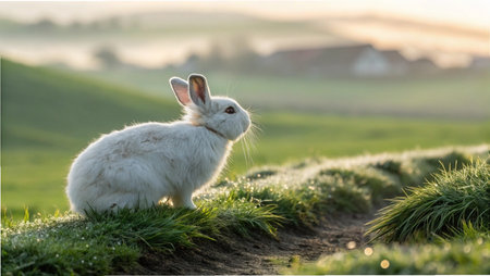 Rabbit on a green meadow in the rays of the setting sunの写真素材