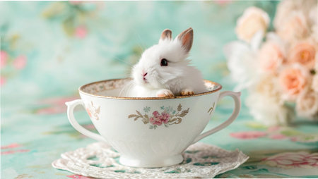 Cute little white rabbit sitting in a cup on a floral backgroundの写真素材