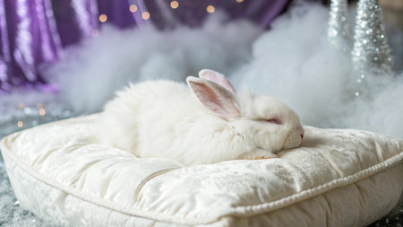 Cute little white rabbit sleeping on a pillow in the room.の写真素材