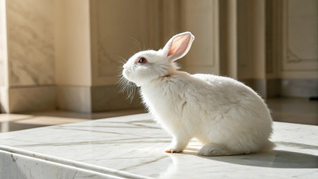 Cute white rabbit sitting on the marble floor in the room.の写真素材