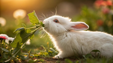 White rabbit with green leaves on the grass in the garden at sunsetの写真素材