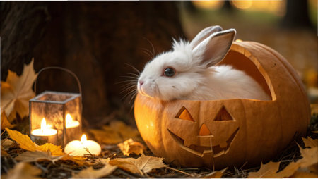 Cute white rabbit in pumpkin jack-o-lantern for Halloweenの写真素材