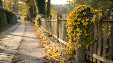 Autumn in the park. Yellow leaves on a wooden fence.の写真素材