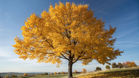 Autumn landscape with yellow maple tree on hill and blue sky background