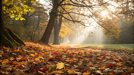 Autumn landscape with sunbeams and fog in the park.の写真素材