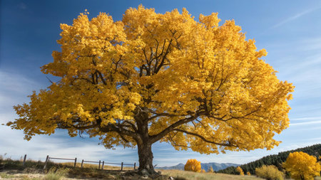 Maple tree with yellow leaves against blue sky in fall, New Zealandの写真素材