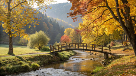 Autumn landscape with a wooden bridge over the river in the mountainsの写真素材