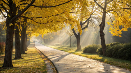 Ginkgo trees in autumn park with sunbeams and fogの写真素材