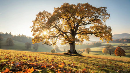 Old oak tree in autumn landscape with sunbeams and lens flareの写真素材
