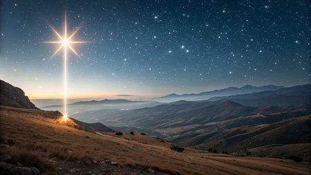 Mountain starry sky with a shining cross in the foreground.の写真素材