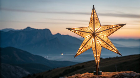 Christmas star on a mountain top at sunset. Selective focus.の写真素材
