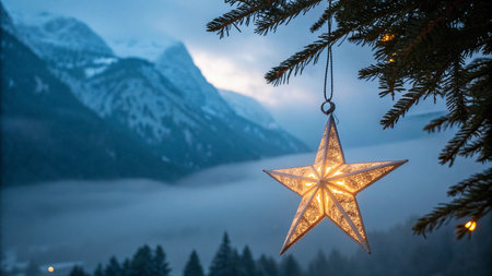 Christmas decoration hanging on a pine tree with misty mountains in the backgroundの写真素材
