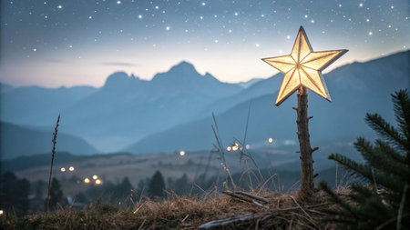 Christmas star on the background of the Dolomites, Italy.の写真素材