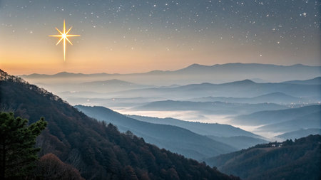 Star over the mountains in the mist. Holiday backgroundの写真素材