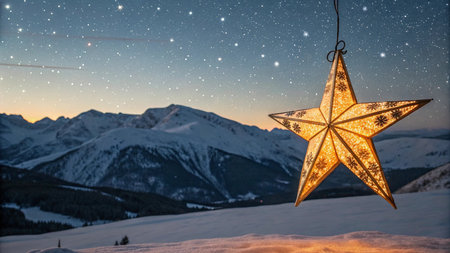 Christmas star on the background of snow-capped mountains at sunsetの写真素材
