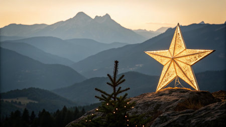 Christmas star on a rock in the mountains at sunset. Christmas background.の写真素材