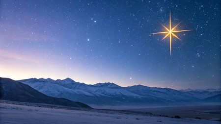 Beautiful star in the night sky against the backdrop of snowy mountainsの写真素材