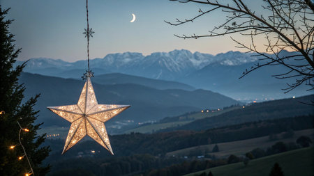 Christmas decoration on the background of the mountains and the moon in the eveningの写真素材