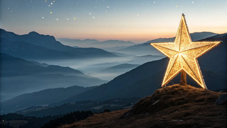 Christmas star on top of mountain. Christmas and New Year concept.の写真素材